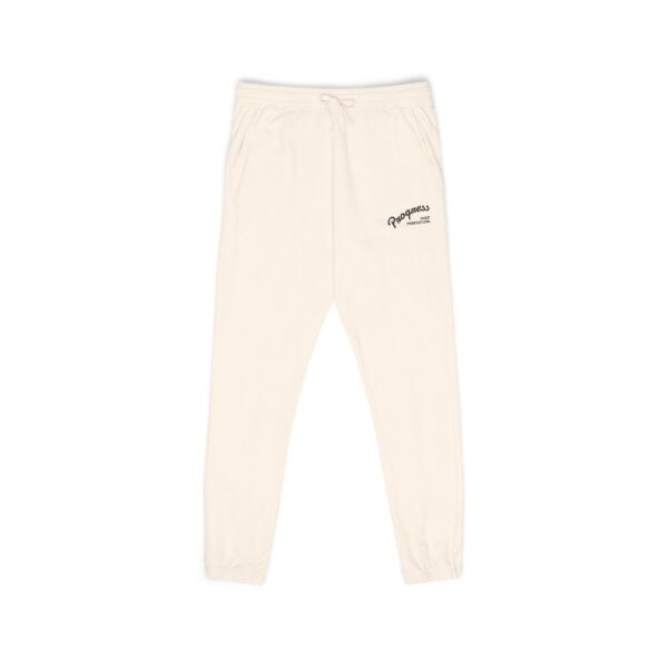 Cream Fleece Sweatpants with Small Black Script Logo — Cozy Casual Loungewear